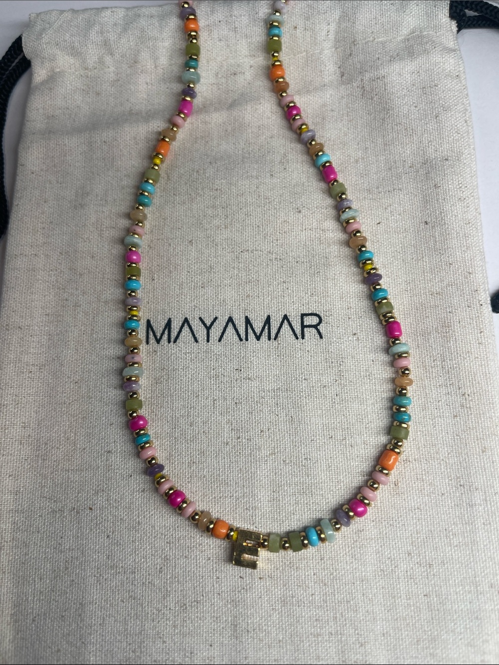 ‘E’ Initial Pendant - Multicolor Beaded Necklace with Gold - by Mayamar